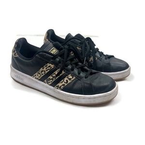 Adidas Shoes Womens 9 Black Leather Cheetah Three Stripe Sneakers Cloudfoam